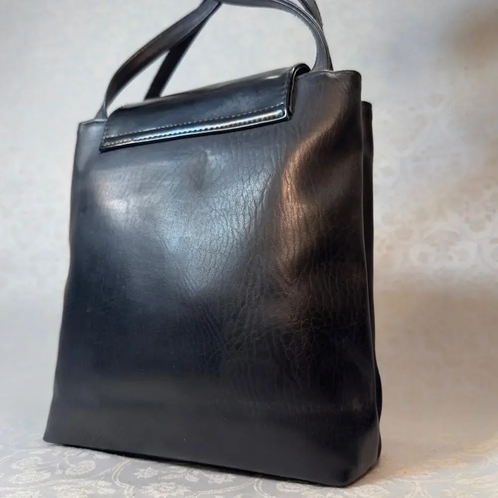 Faux Leather Sleek Black Shoulder Bag Silver Hardware